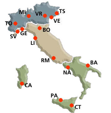 Cartina dell'Italia divisa in Nord, Centro e Sud completa dei link ai 15 laboratori chimici delle Dogane